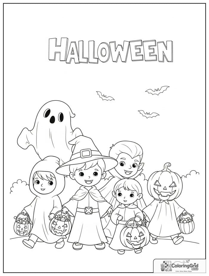 Cute trick-or-treat kids Halloween coloring page