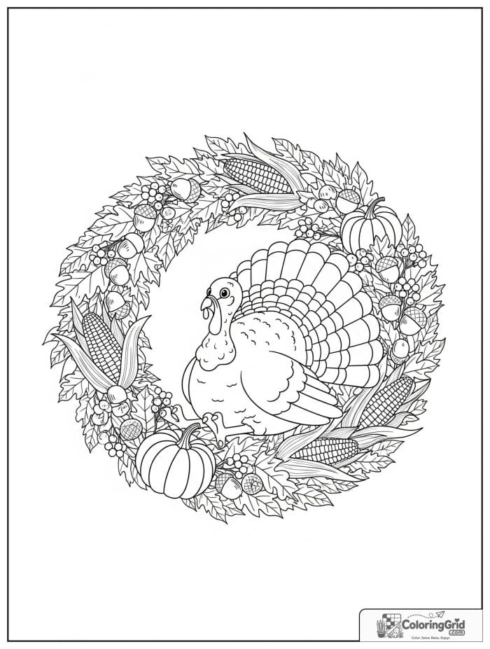 Thanksgiving turkey sitting in an autumn wreath coloring page