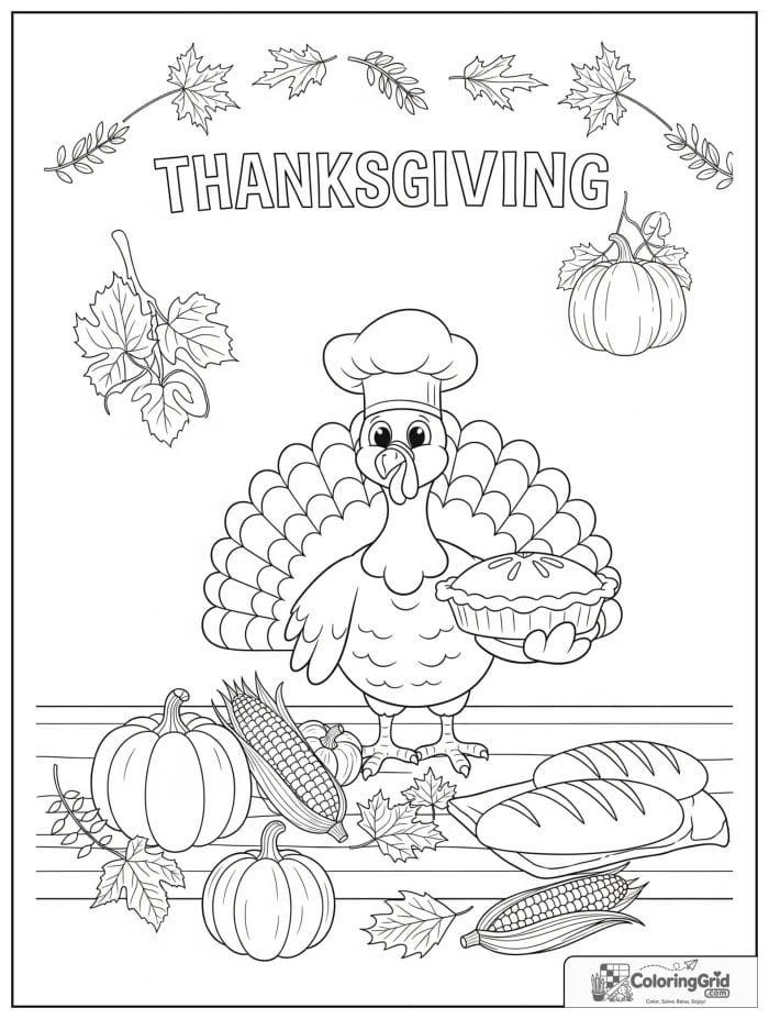 Turkey chef holding a pie beside Thanksgiving table coloring page