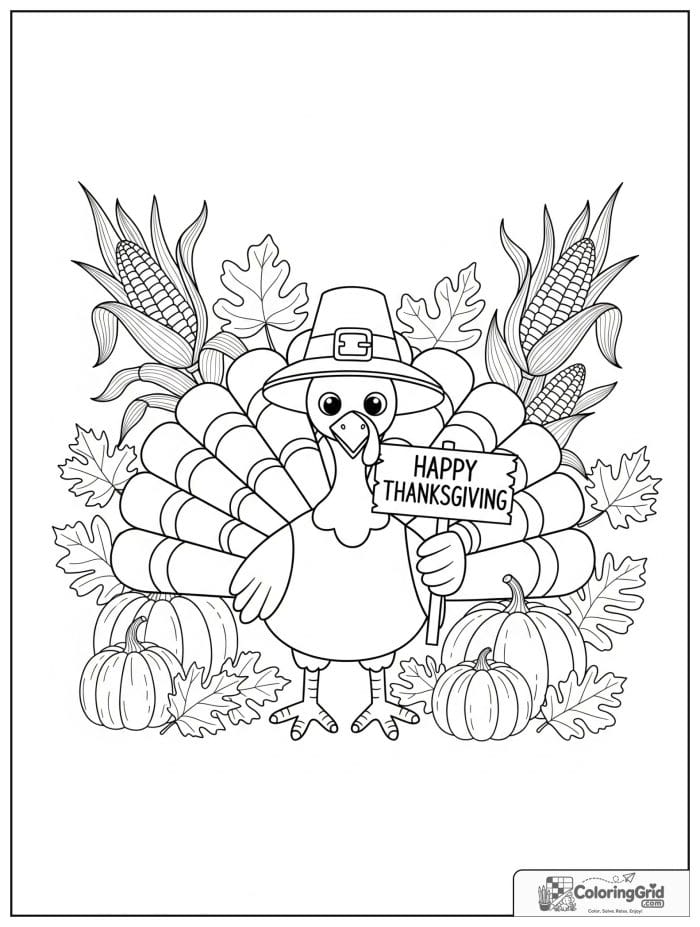 Cute turkey wearing a pilgrim hat holding a Happy Thanksgiving sign coloring page