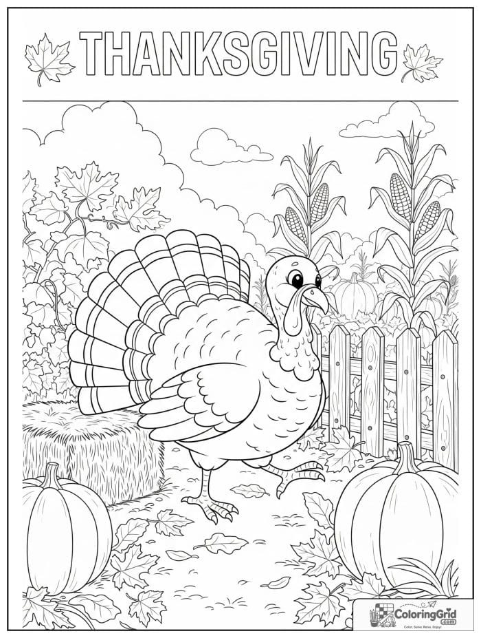 Friendly turkey walking through a pumpkin patch coloring page