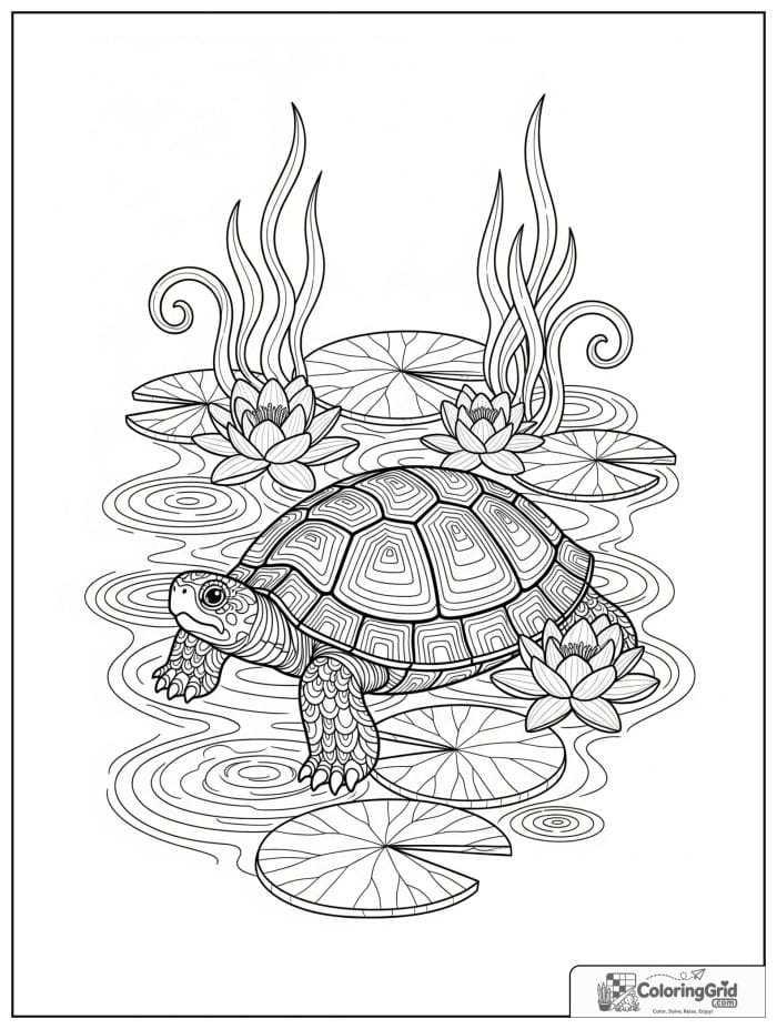 Turtle among water lilies coloring sheet