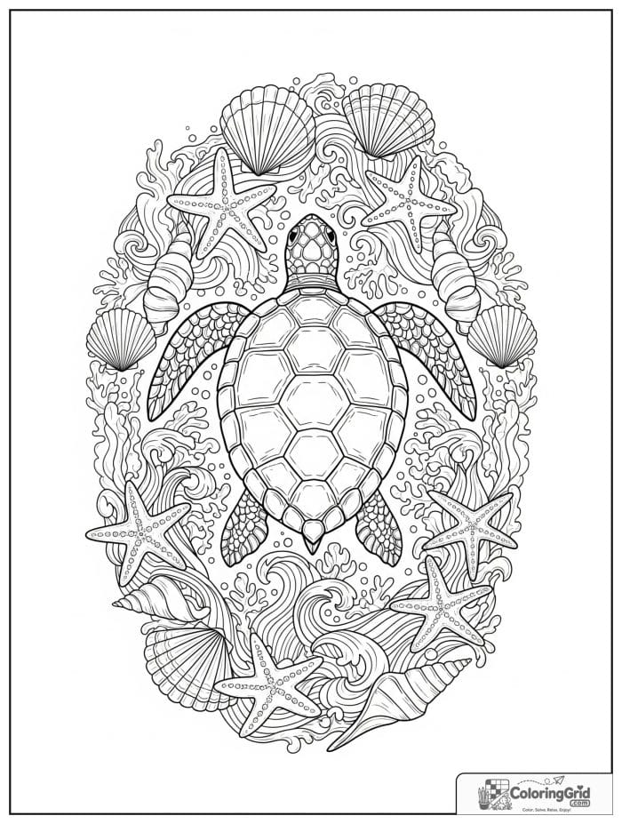 Turtle and seashell frame coloring sheet