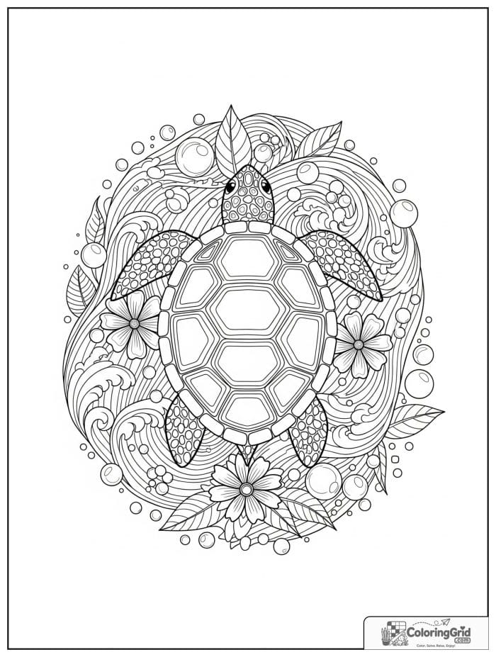 Turtle animal mandala coloring page with shell and ocean waves
