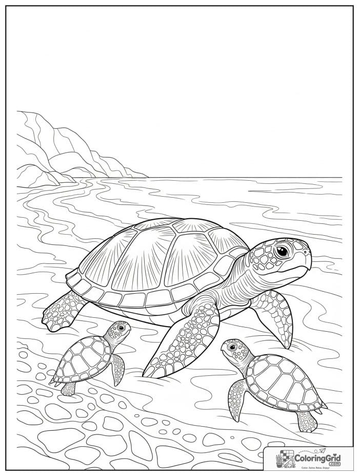 Turtle family on beach coloring sheet