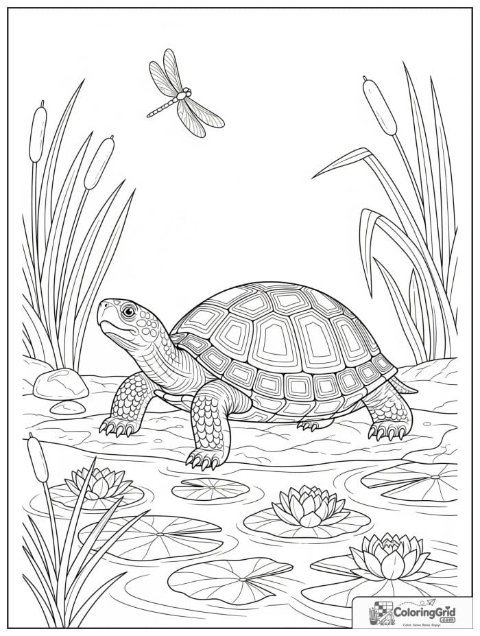 Turtle walking through pond scene coloring sheet