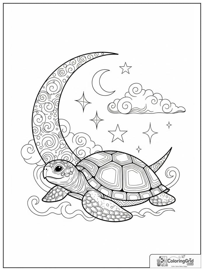 Turtle with moon and stars coloring sheet