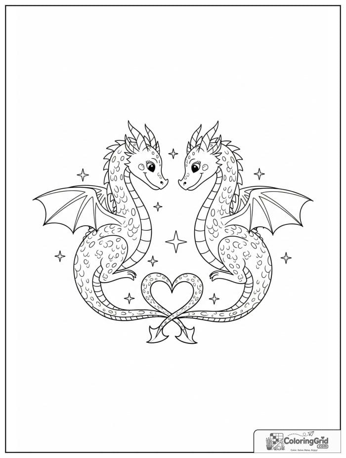 Two dragons forming heart shape coloring sheet