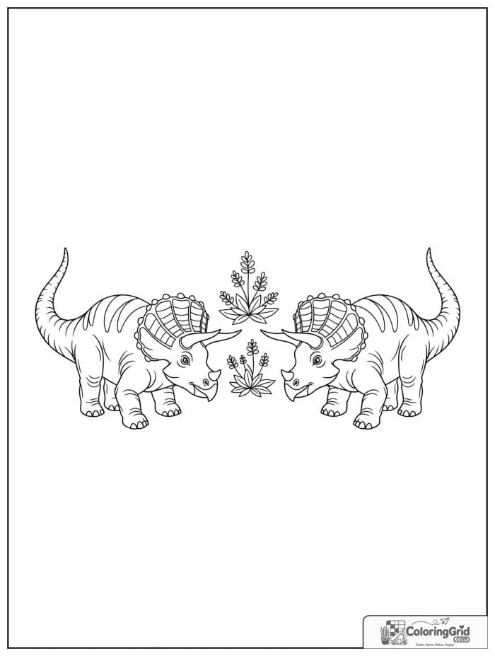 Two triceratops facing each other coloring sheet