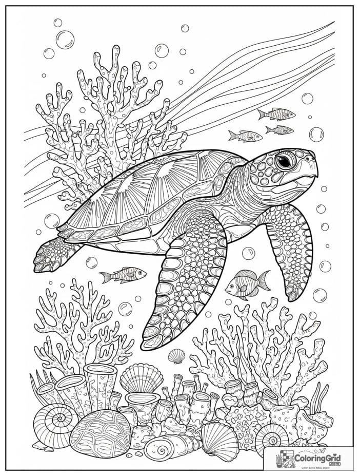 Underwater turtle reef scene coloring sheet