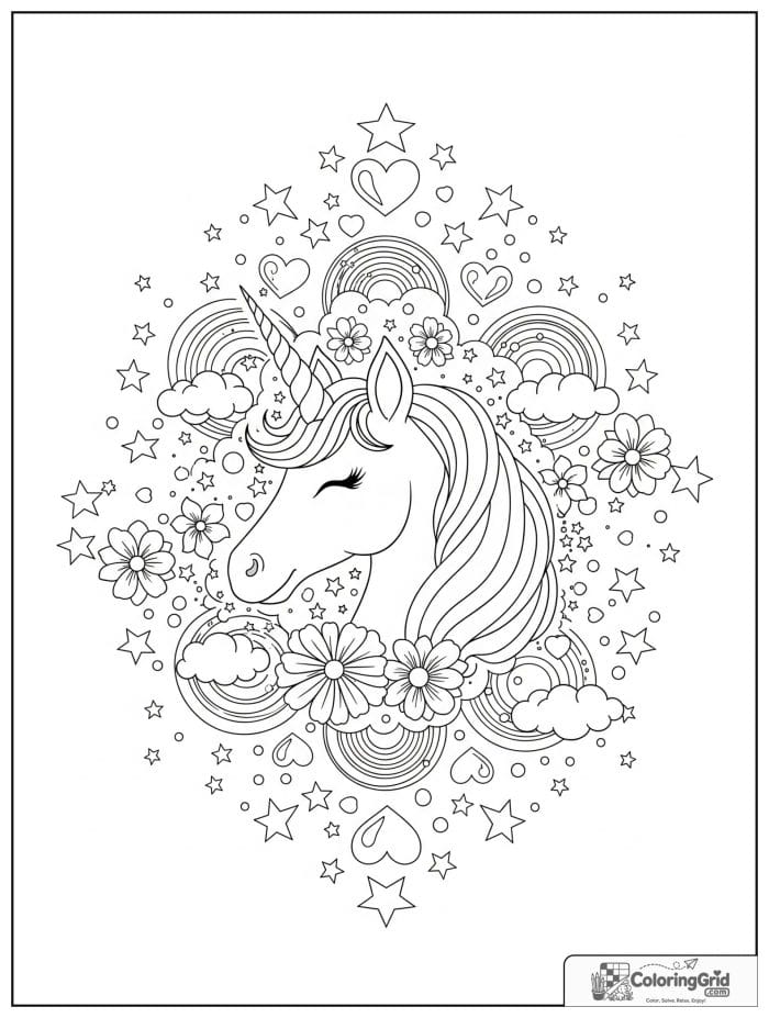 Unicorn animal mandala coloring page with stars and hearts