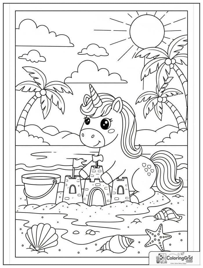 Cheerful unicorn coloring page with a unicorn building a sandcastle at the beach.