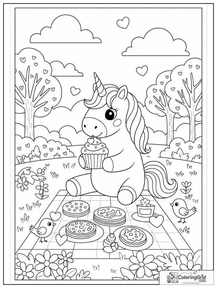 Playful unicorn coloring page with a unicorn eating a cupcake in a garden picnic scene.