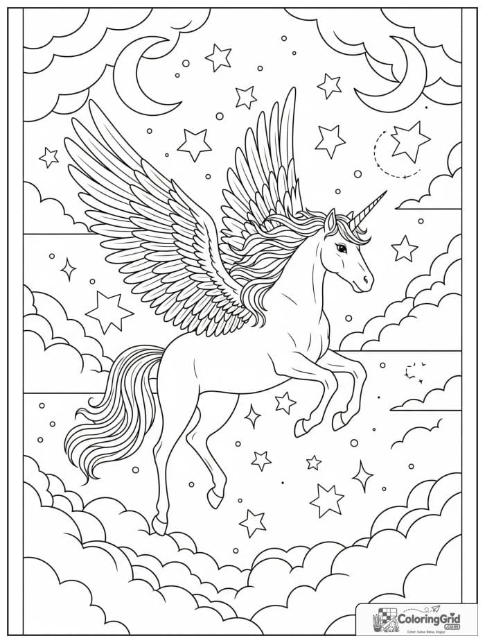 Magical unicorn coloring page with a flying unicorn among stars and clouds.