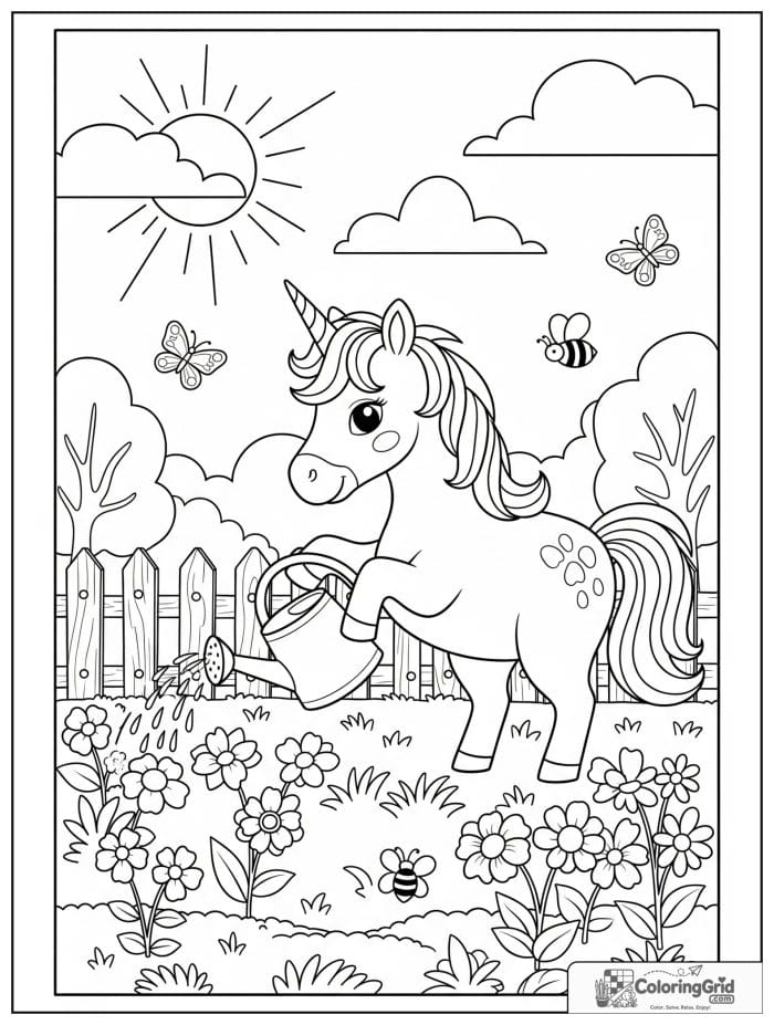 Happy unicorn coloring page with a unicorn watering flowers in a sunny garden.