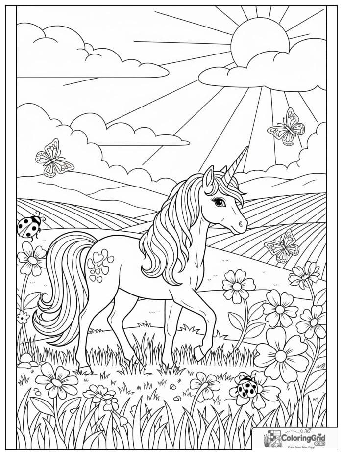 Sweet unicorn walking through a flower meadow with butterflies.
