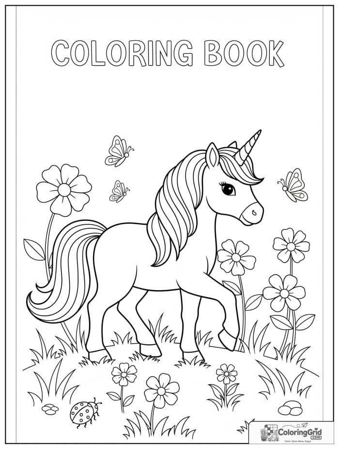 Sweet unicorn walking through a flower meadow with butterflies.