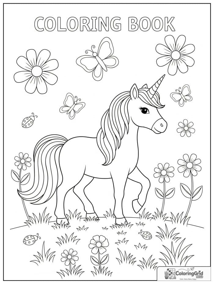 Sweet unicorn walking through a flower meadow with butterflies.