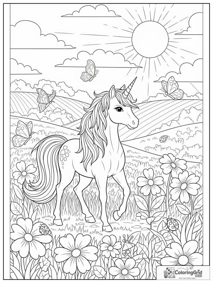 Sweet unicorn walking through a flower meadow with butterflies.