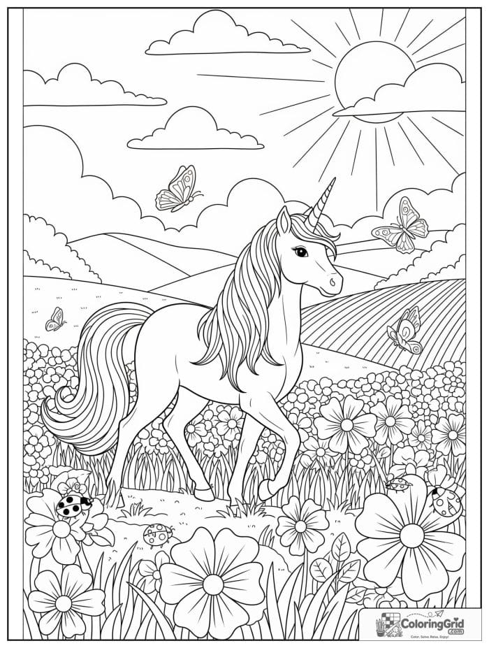 Sweet unicorn coloring page with a unicorn walking through a flower meadow with butterflies.
