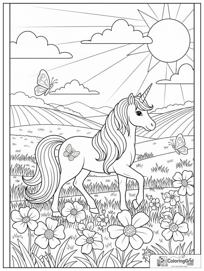 Sweet unicorn coloring page with a unicorn walking through a flower meadow with butterflies.