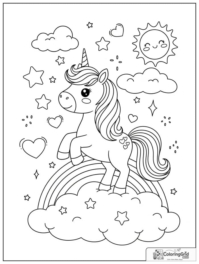 Cute unicorn standing on a rainbow cloud with stars and sparkles.
