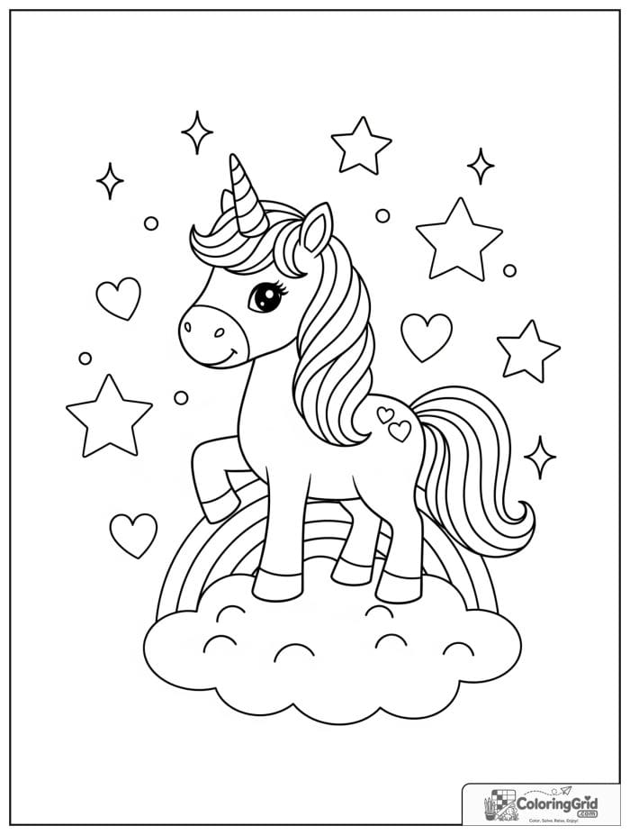 Cute unicorn standing on a rainbow cloud with stars and sparkles.