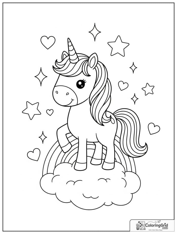Cute unicorn standing on a rainbow cloud with stars and sparkles.