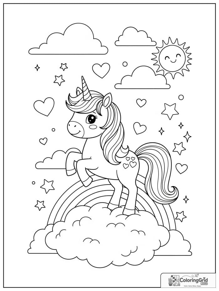 Cute unicorn standing on a rainbow cloud with stars and sparkles.