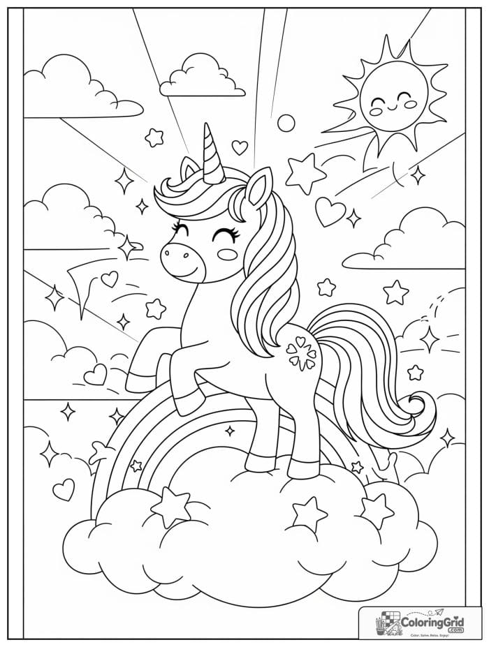 Cute unicorn coloring page with a smiling unicorn standing on a rainbow cloud with stars and sparkles.