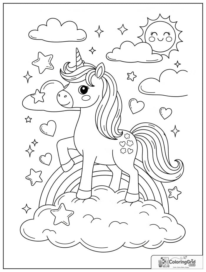 Cute unicorn coloring page with a smiling unicorn standing on a rainbow cloud with stars and sparkles.
