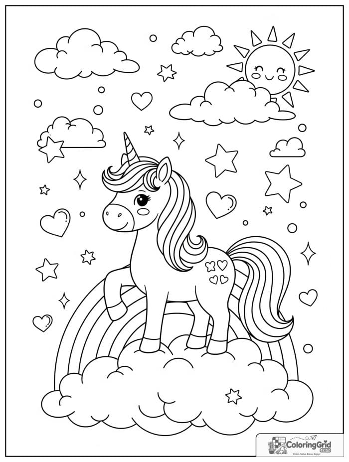 Cute unicorn coloring page with a smiling unicorn standing on a rainbow cloud with stars and sparkles.