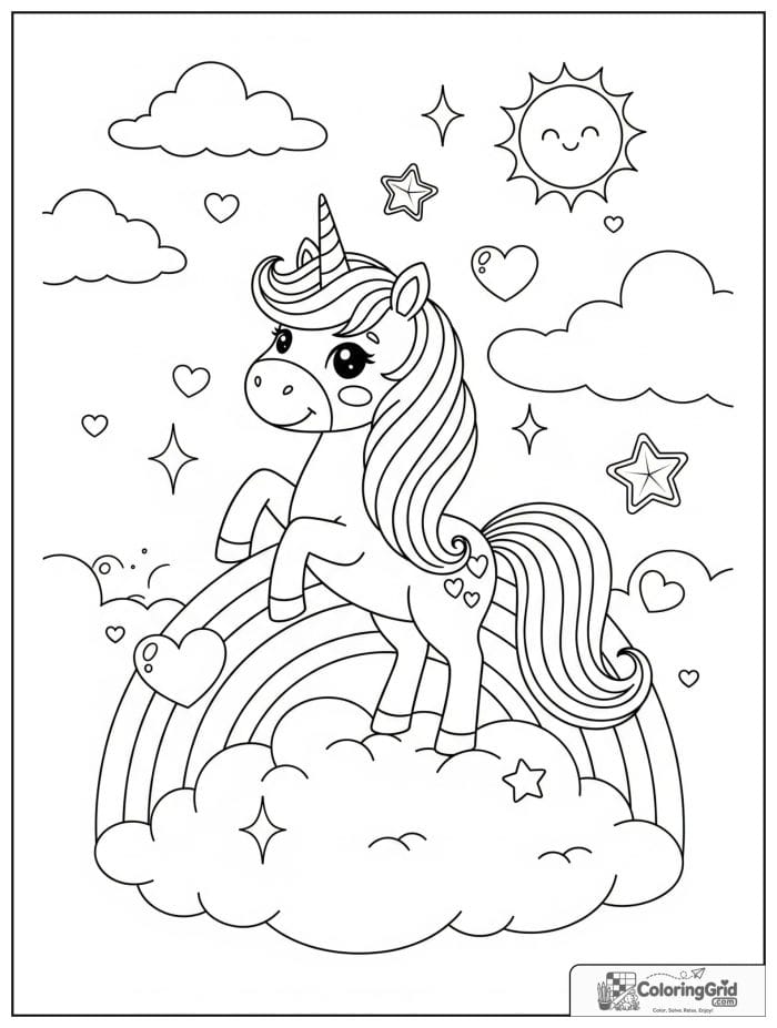 Cute unicorn coloring page with a smiling unicorn standing on a rainbow cloud with stars and sparkles.