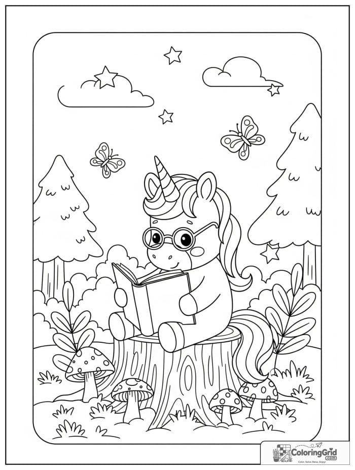 Cute unicorn coloring page with a unicorn reading a book in a cozy forest.