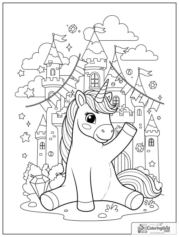Happy unicorn near a magical castle with sparkling stars.