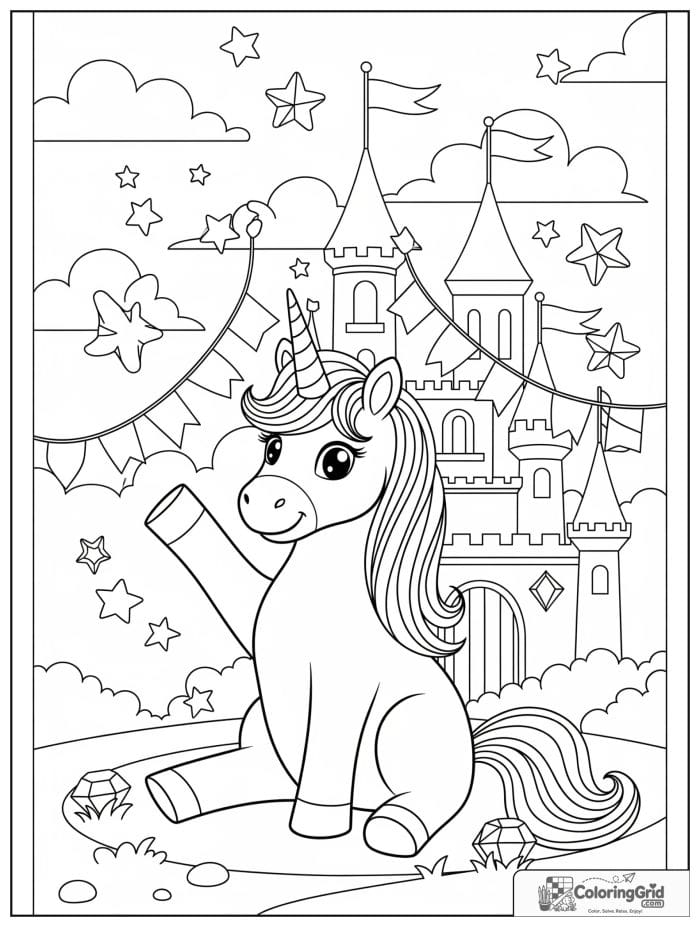 Happy unicorn near a magical castle with sparkling stars.
