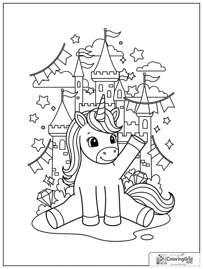 Happy unicorn coloring page with a unicorn near a magical castle and sparkling stars.