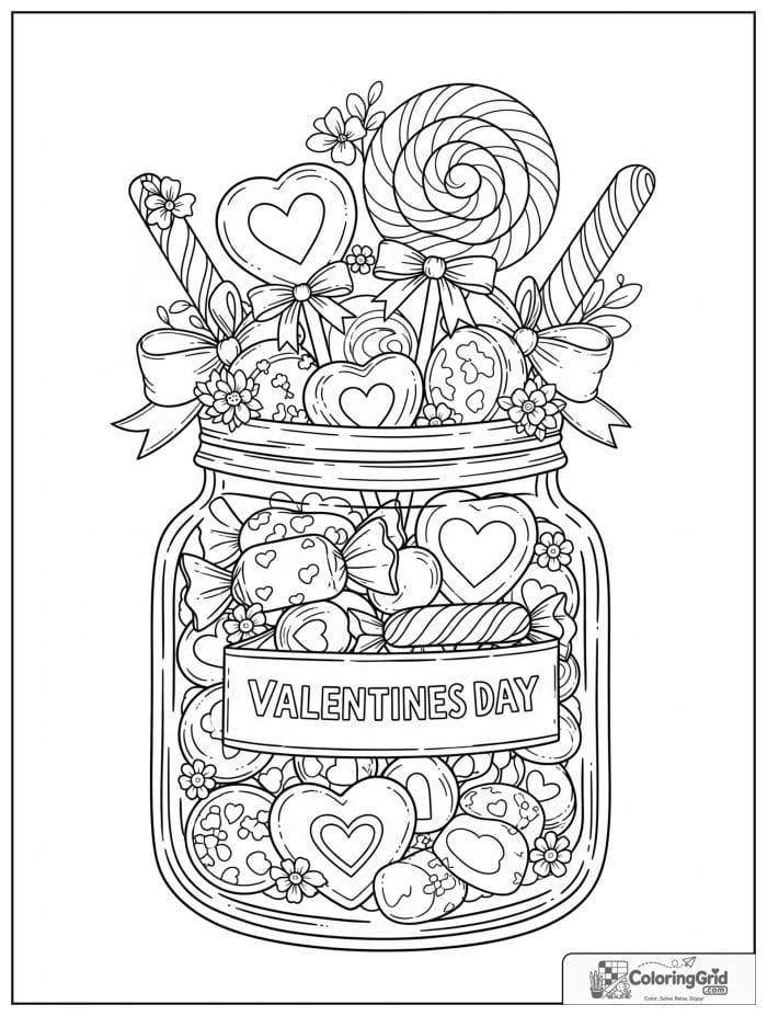 Valentine's Day candy jar filled with heart candies coloring page