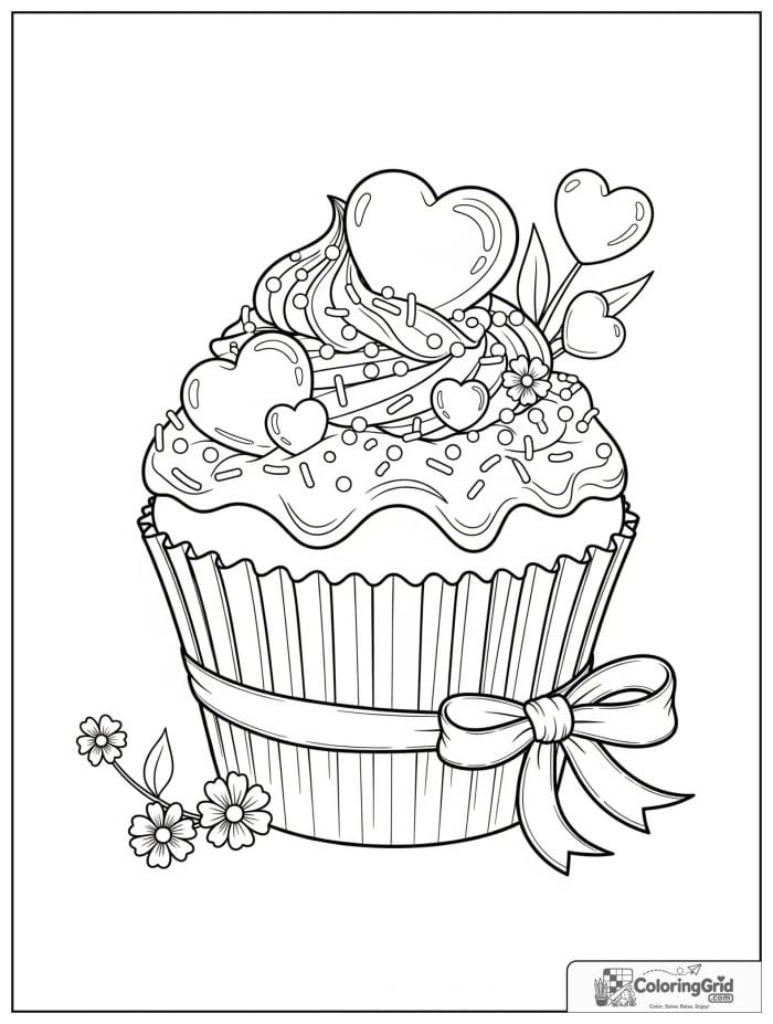 Valentine's Day cupcake with heart frosting coloring page