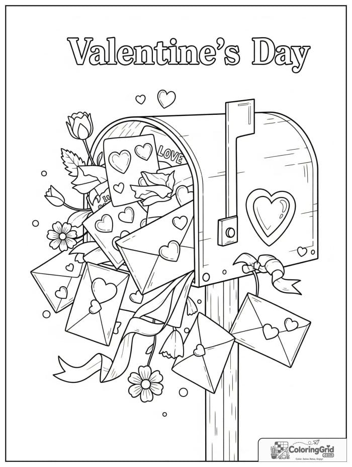 Valentine's Day mailbox filled with love letters coloring page