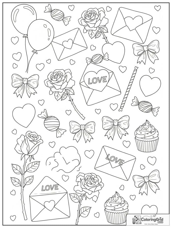 Valentine's Day pattern with hearts roses and love letters coloring page