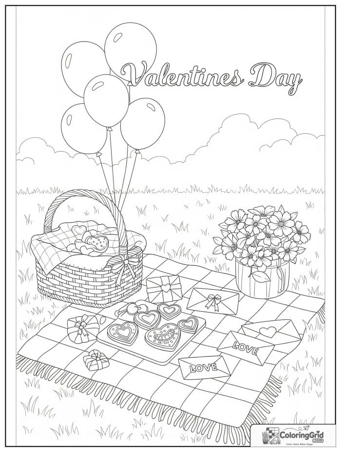 Valentine's Day picnic with heart cookies coloring page