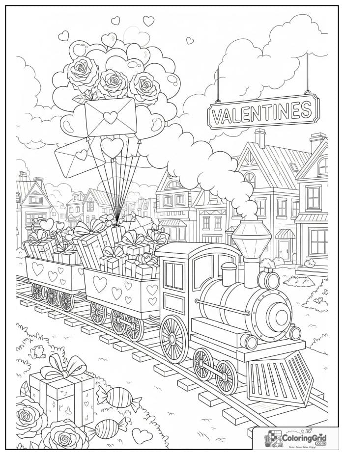 Valentine's Day train carrying heart balloons and roses coloring page