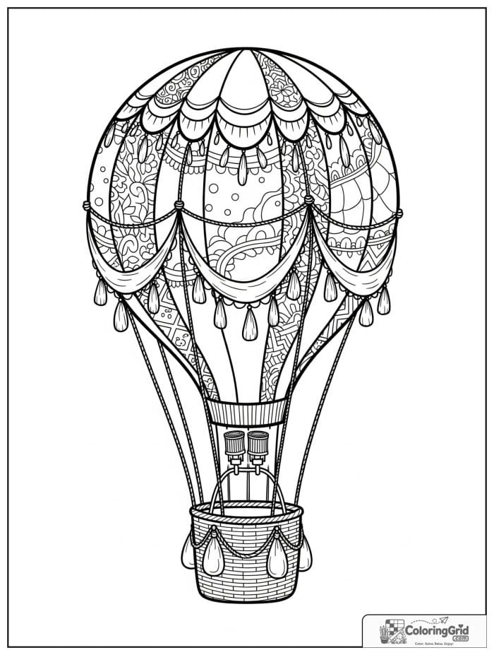 Vintage hot air balloon close-up coloring sheet