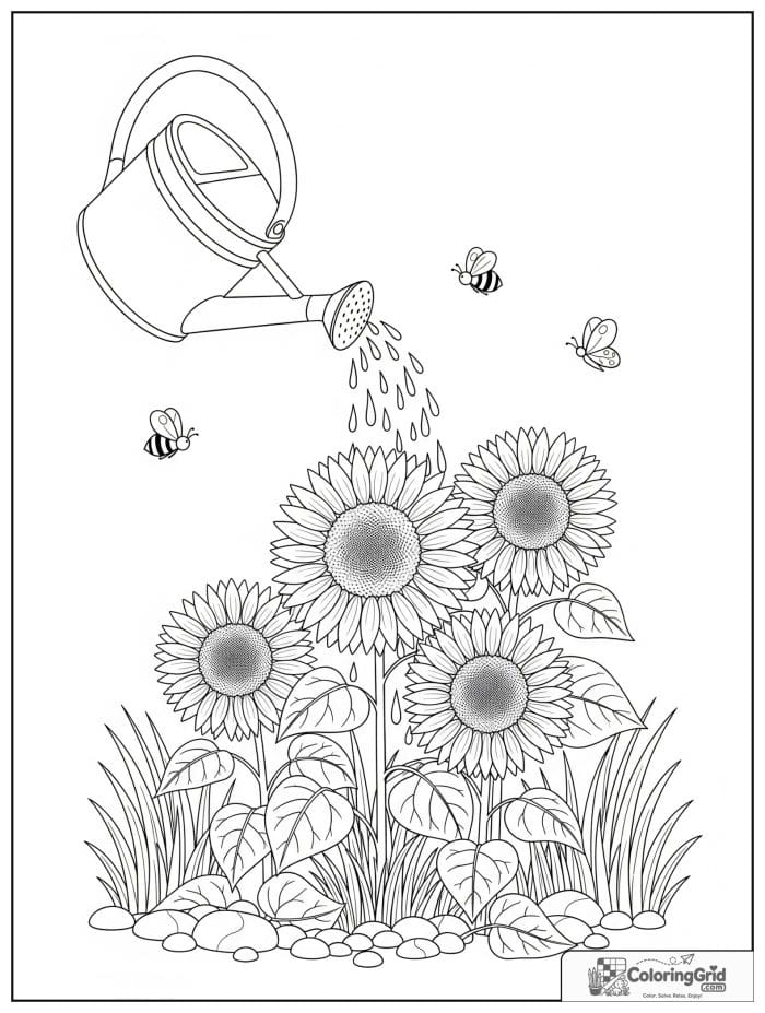 Watering can pouring water onto blooming sunflowers coloring page