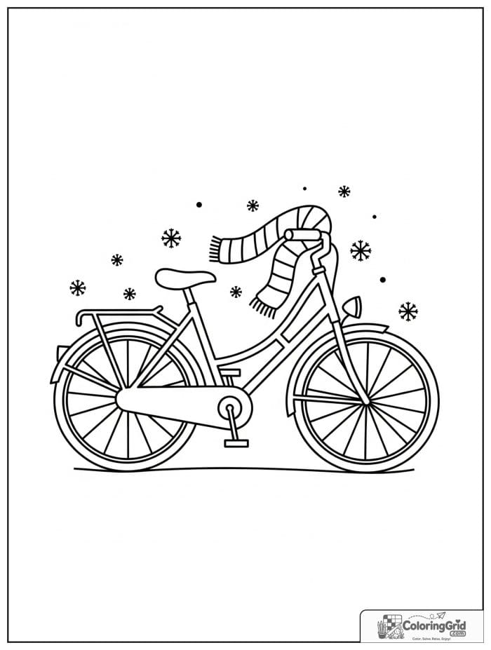 Bicycle with a scarf and snowflakes in winter.