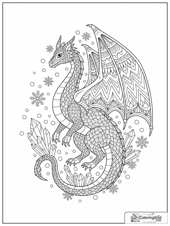 Winter dragon with snowflakes coloring sheet