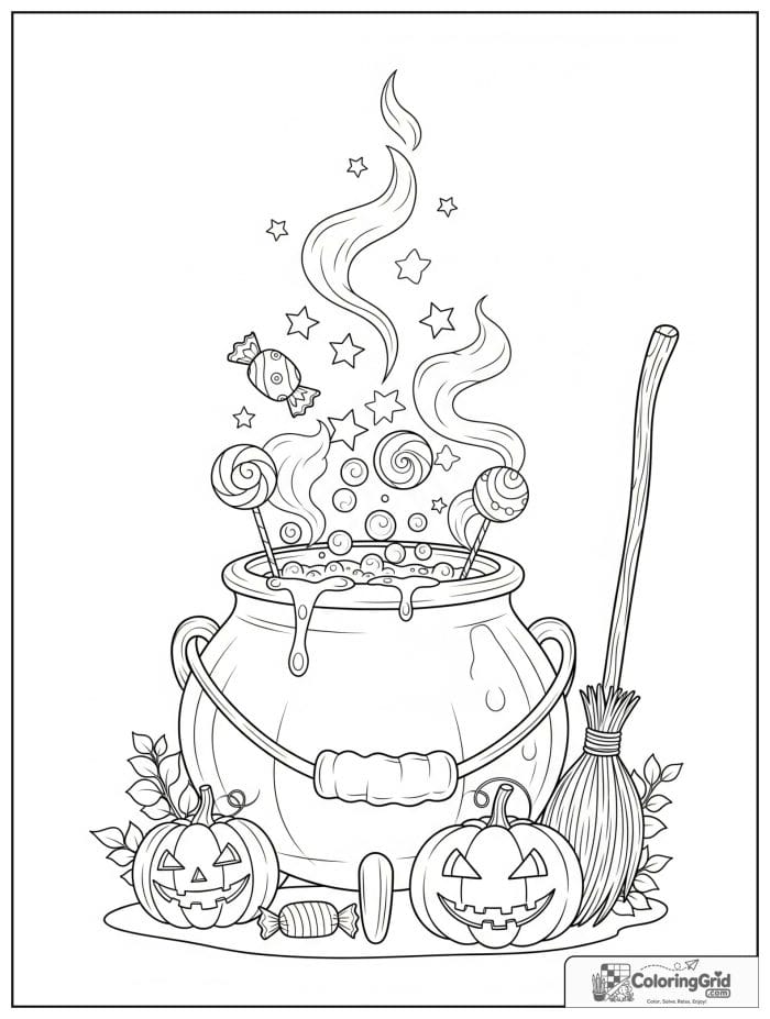 Witch cauldron bubbling Halloween coloring page