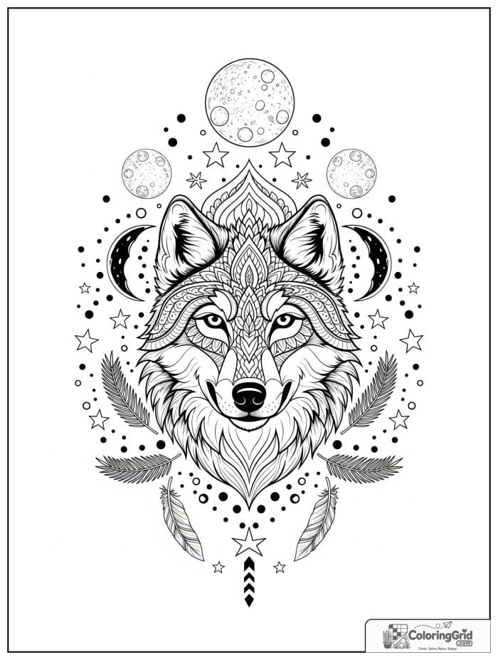 Wolf animal mandala coloring page with moon shapes and stars
