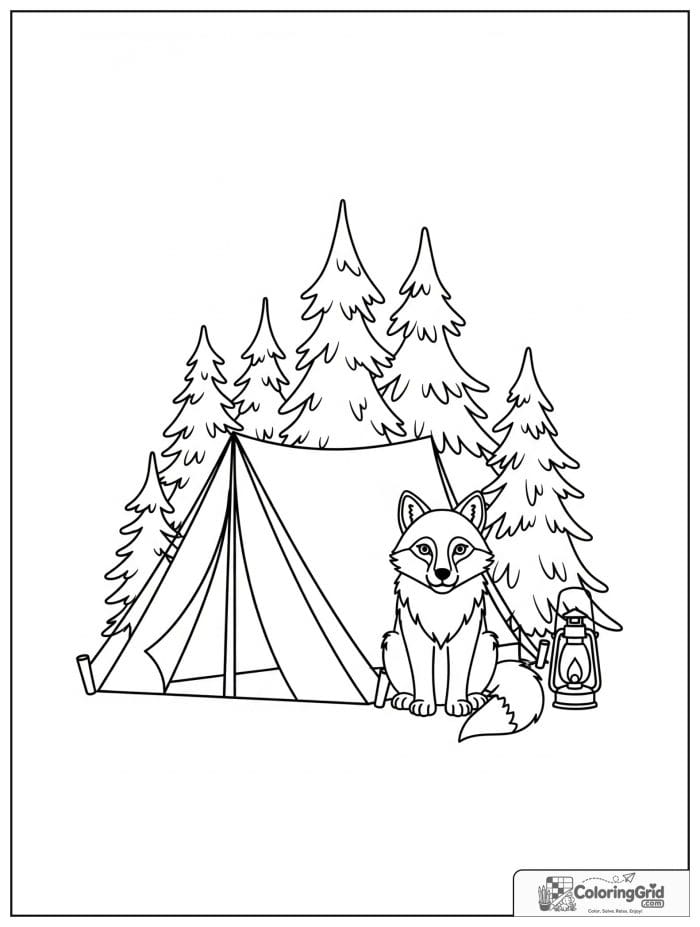Friendly wolf camping beside a tent.